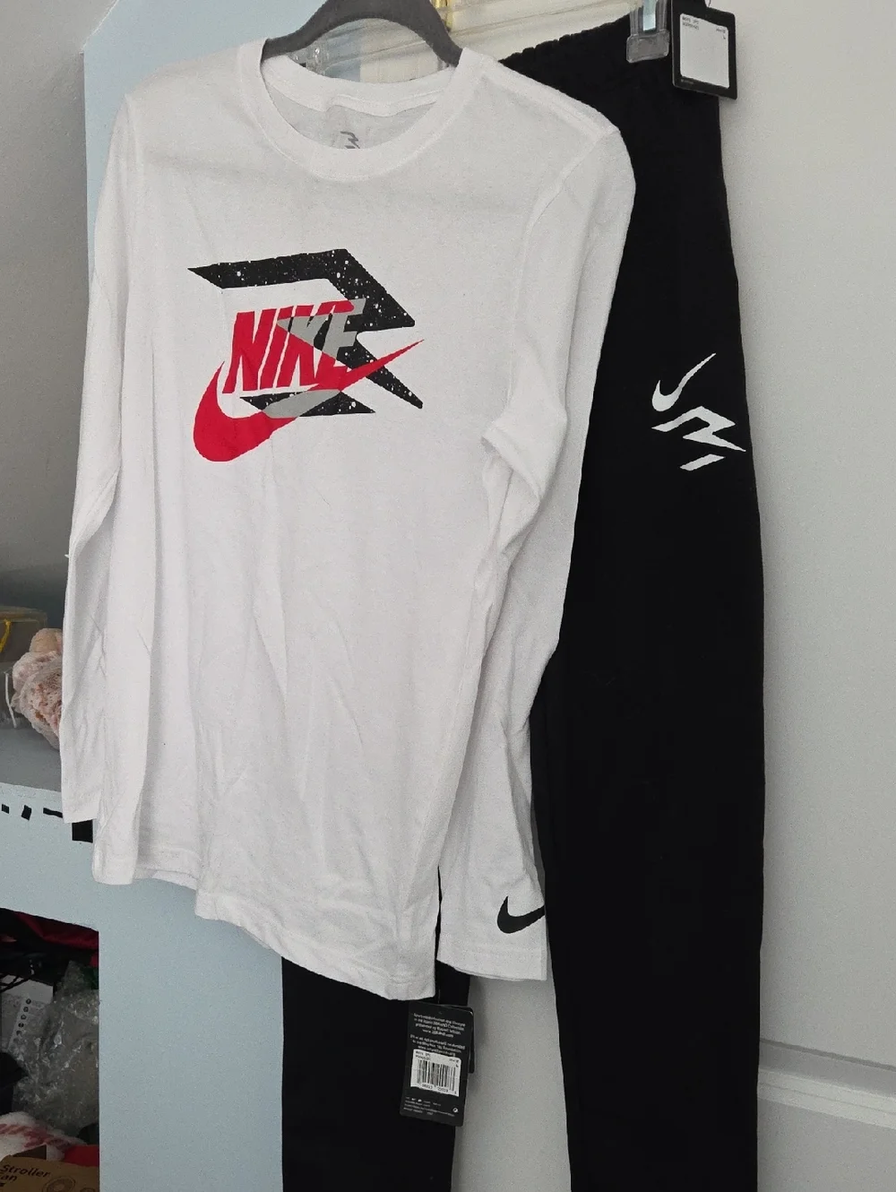 Nike Boys 3Brand 2 Piece Set White Long-Sleeve Tee, Black Sweatpants